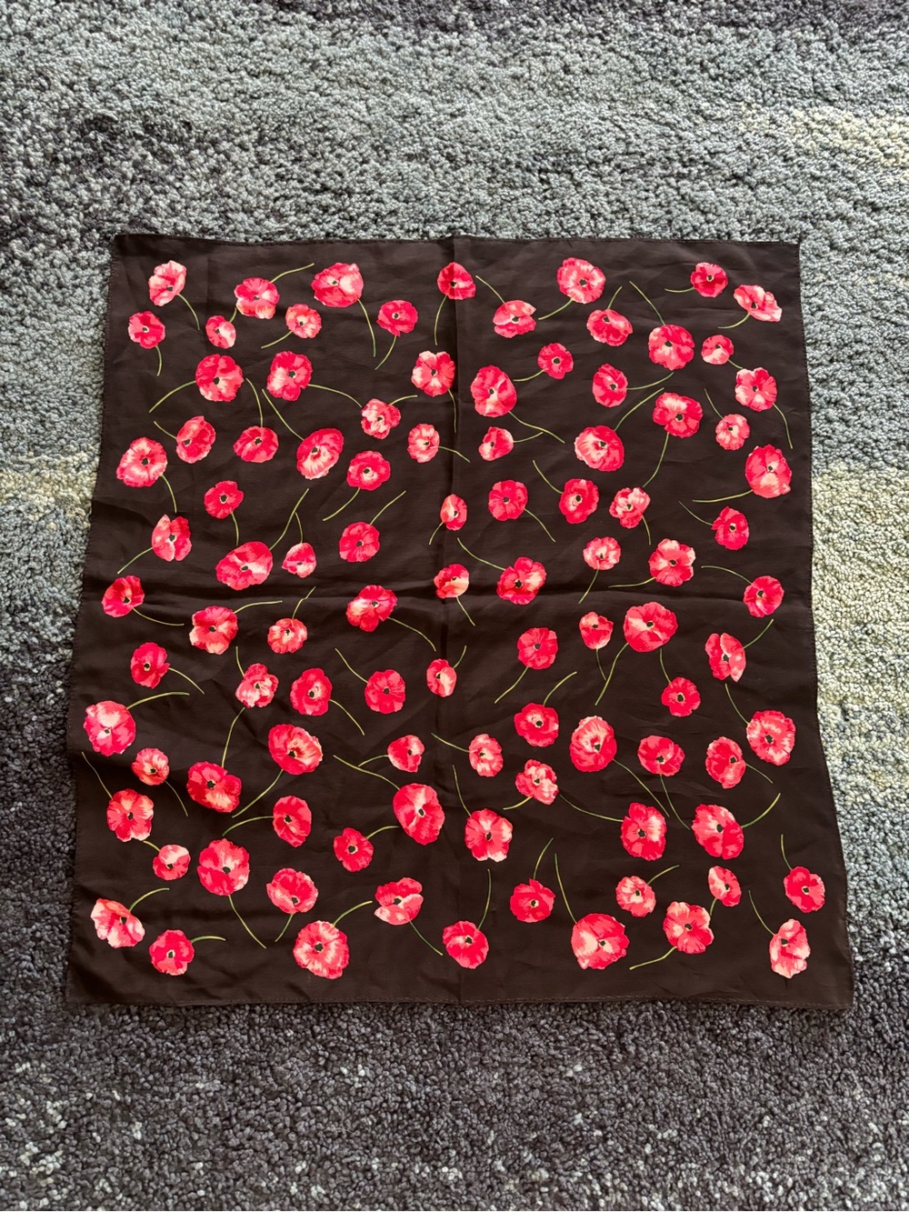 Black and red silk poppy floral print small square scarf bandana